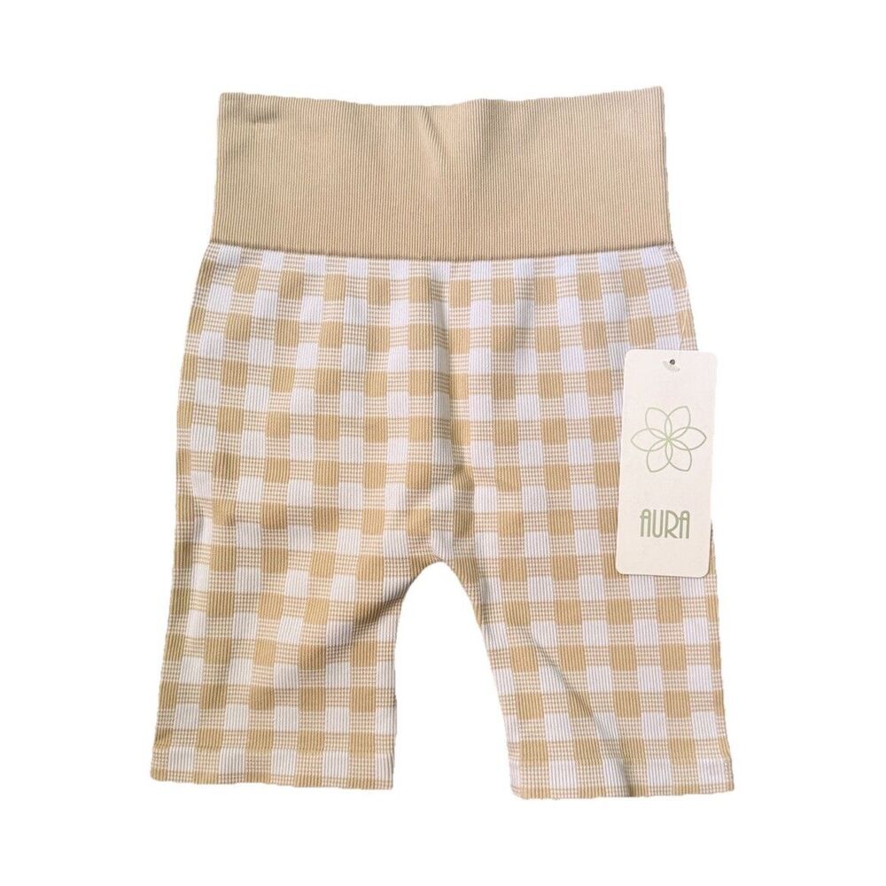 Neutral Gingham Ribbed Biker Shorts Seamless High Waist S/M NWT